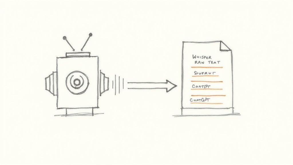 An illustration of a microphone leading to a typewriter, then to a refined document, representing the AI transcription process.