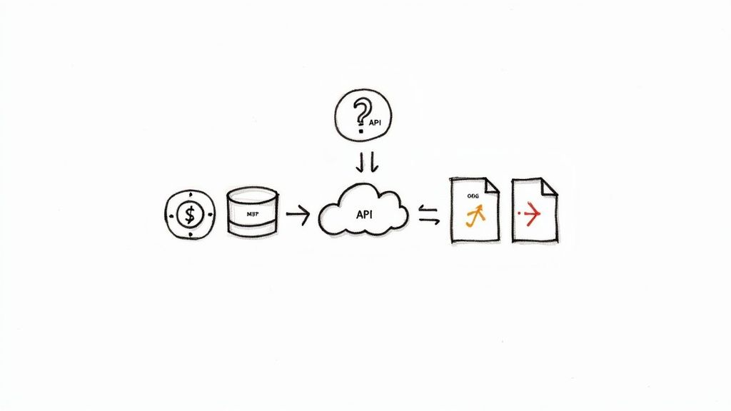 A hand-drawn diagram illustrates an API process involving data (MBP) and document interaction (ODG).