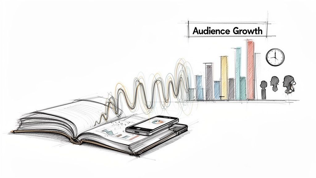 A sketch shows an open book and smartphone, with data waves leading to an audience growth chart.