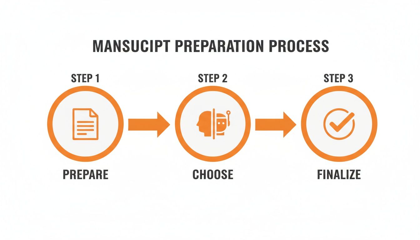 A three-step flowchart illustrating the manuscript preparation process: Prepare, Choose, and Finalize.