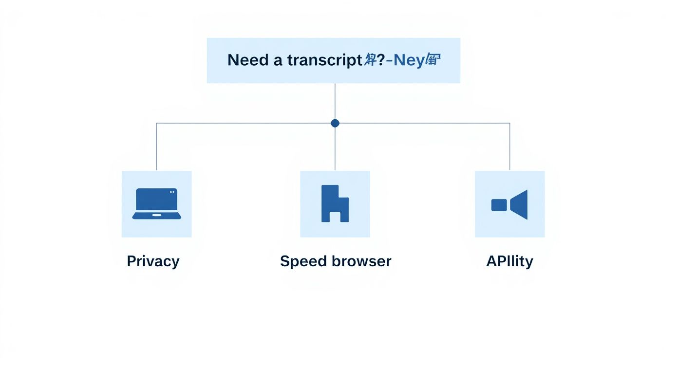 A flowchart showing 'Need a transcript' connected to three concepts: Privacy, Speed browser, and APIlity.