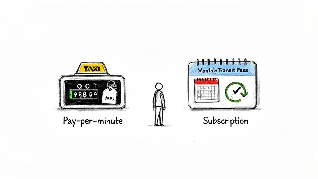 A stick figure stands between a taxi meter labeled 'Pay-per-minute' and a calendar labeled 'Monthly Transit Pass Subscription'.
