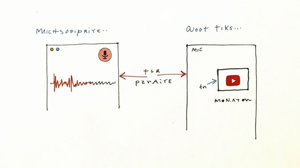 Diagram illustrating private audio recording from one application and transfer to a YouTube platform.