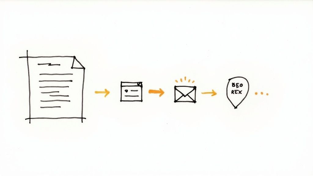 Hand-drawn diagram showing a document flowing to a web page, then an email, and finally to BEO REX.