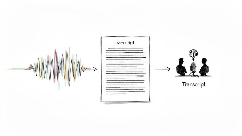 A visual explanation of audio to text transcription, showing sound waves becoming a document then a podcast.