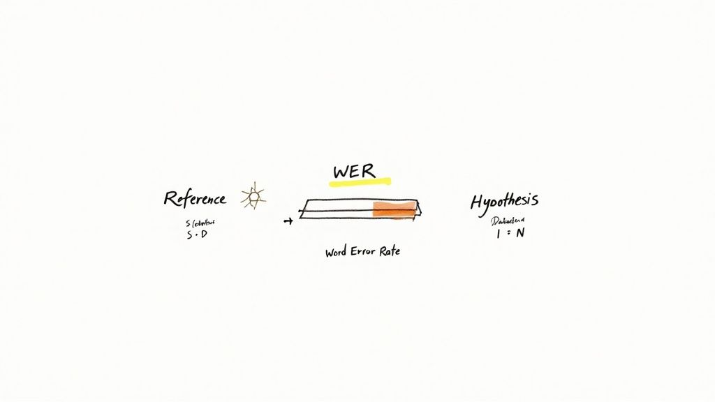 Diagram showing Word Error Rate calculation comparing reference text with hypothesis text