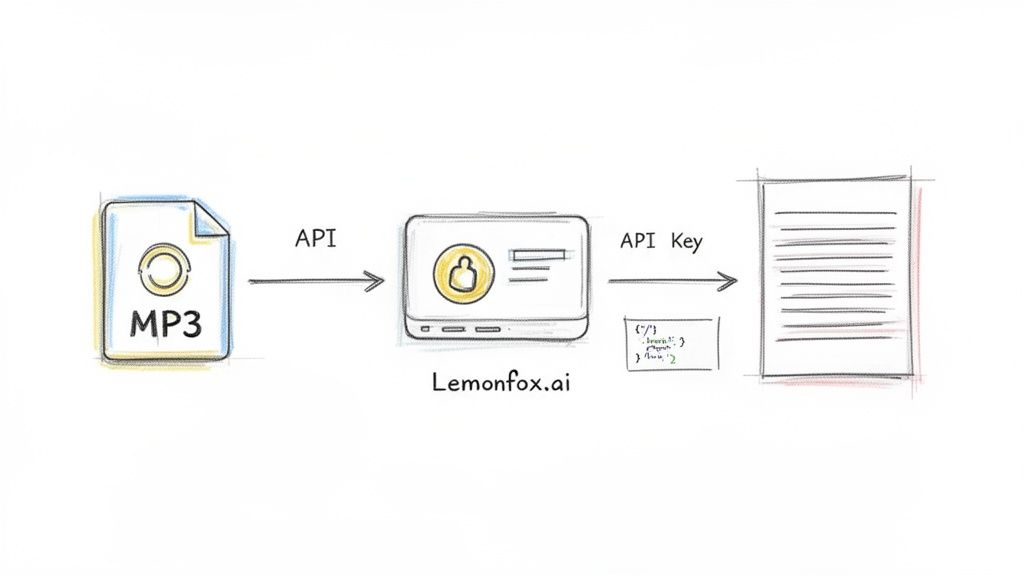 Workflow diagram showing an MP3 audio file converting to a text document via Lemonfox.ai's API.