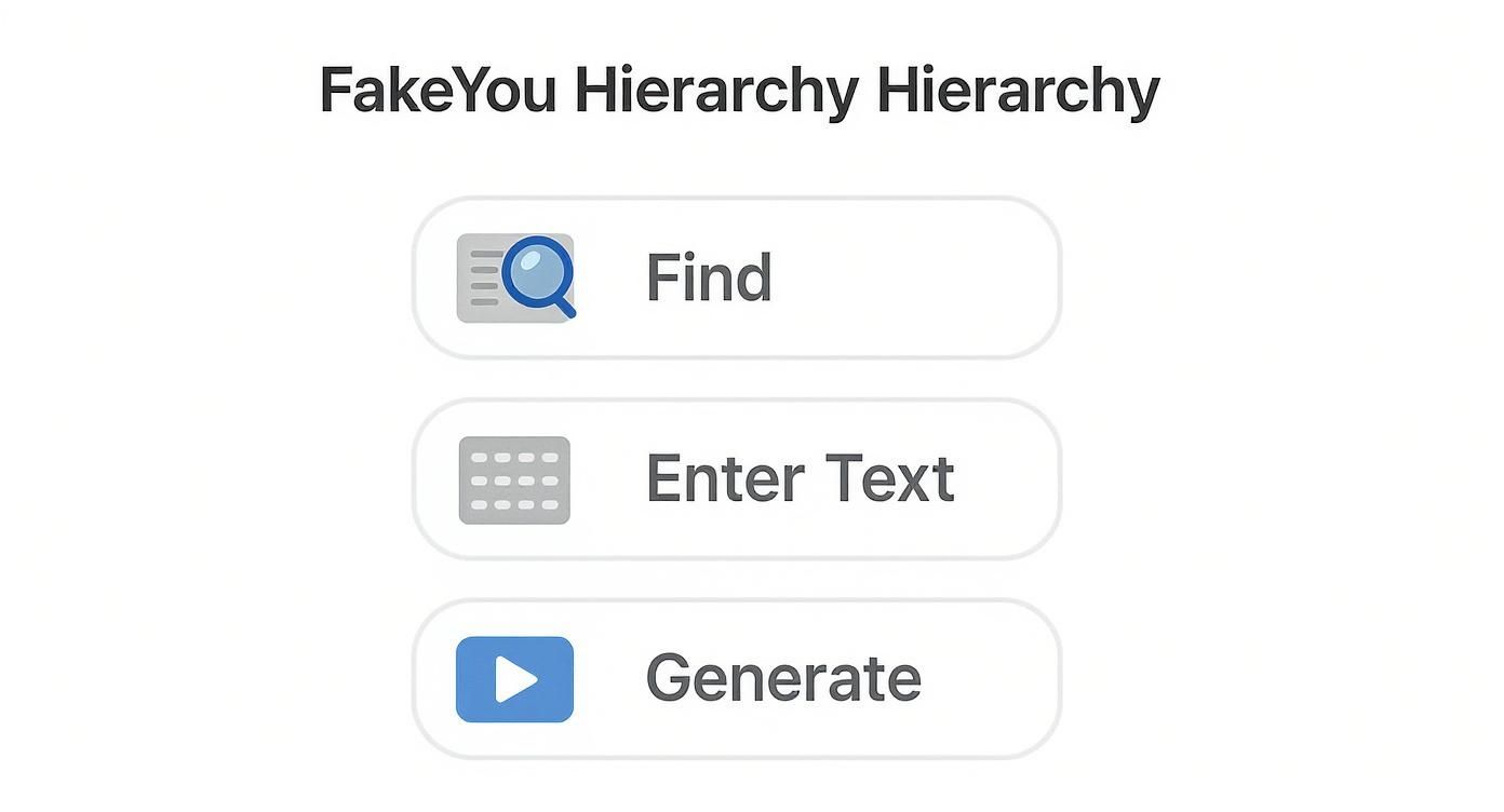 A screenshot of the FakeYou application interface displaying three interaction buttons: Find, Enter Text, and Generate.