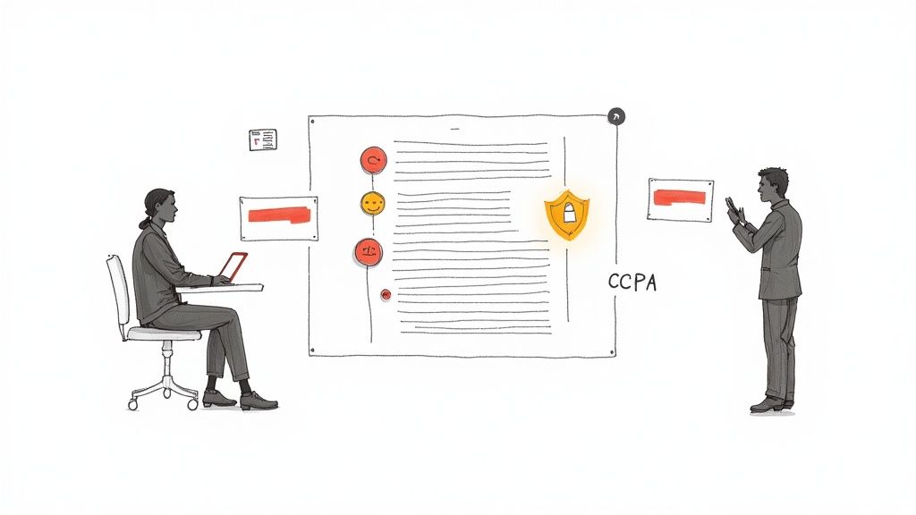 Illustration of two people interacting with a data privacy document, featuring a golden shield and CCPA text.