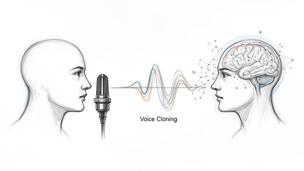 Illustration of voice cloning: a speaker's voice transforms via a microphone into a simulated brain.