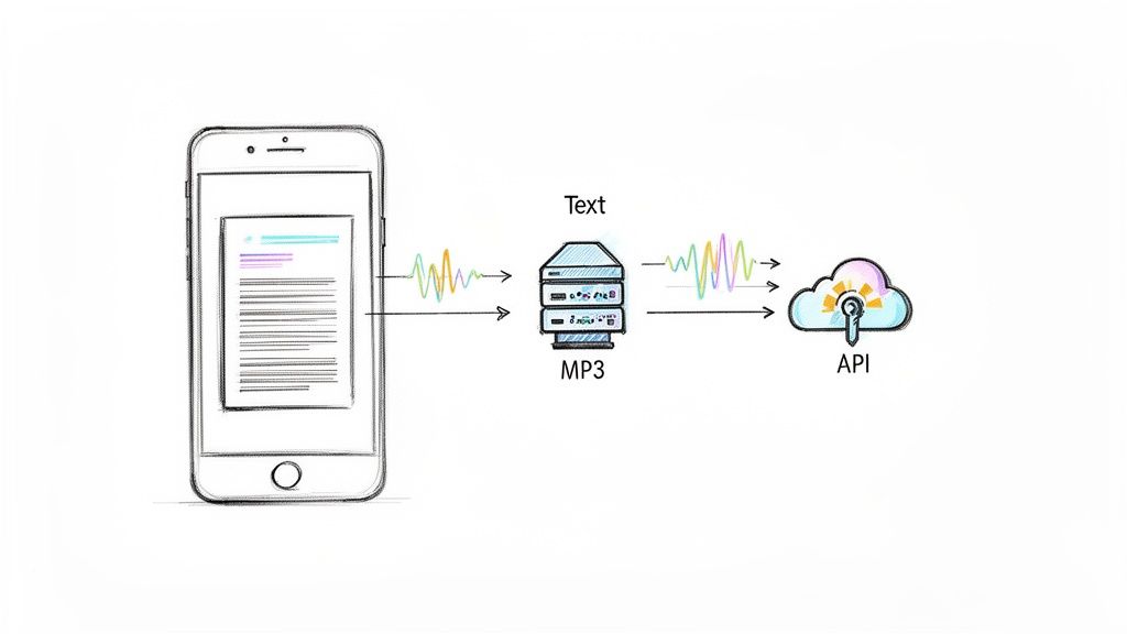 Diagram illustrating text-to-MP3 conversion from a phone through a server to an API.