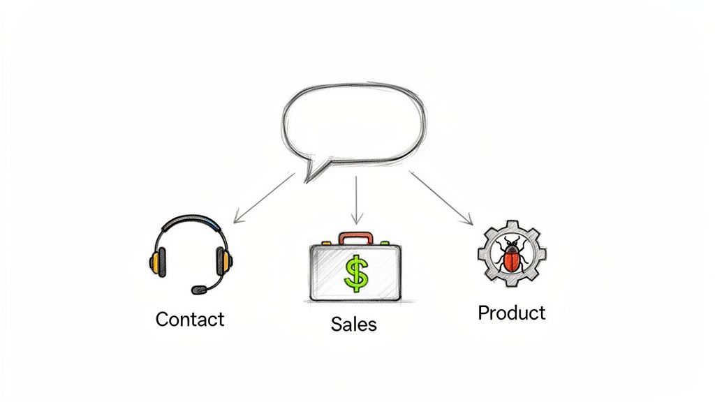 Illustration of a speech bubble connecting to Contact, Sales, and Product departments.