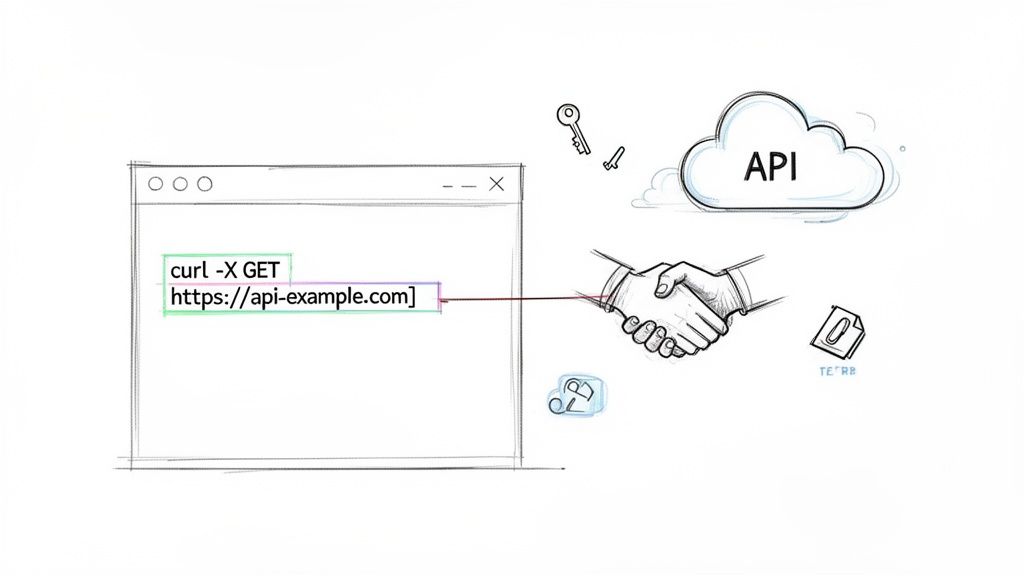 Illustration of a `curl` command making a GET request to an API, symbolized by a cloud and handshake.