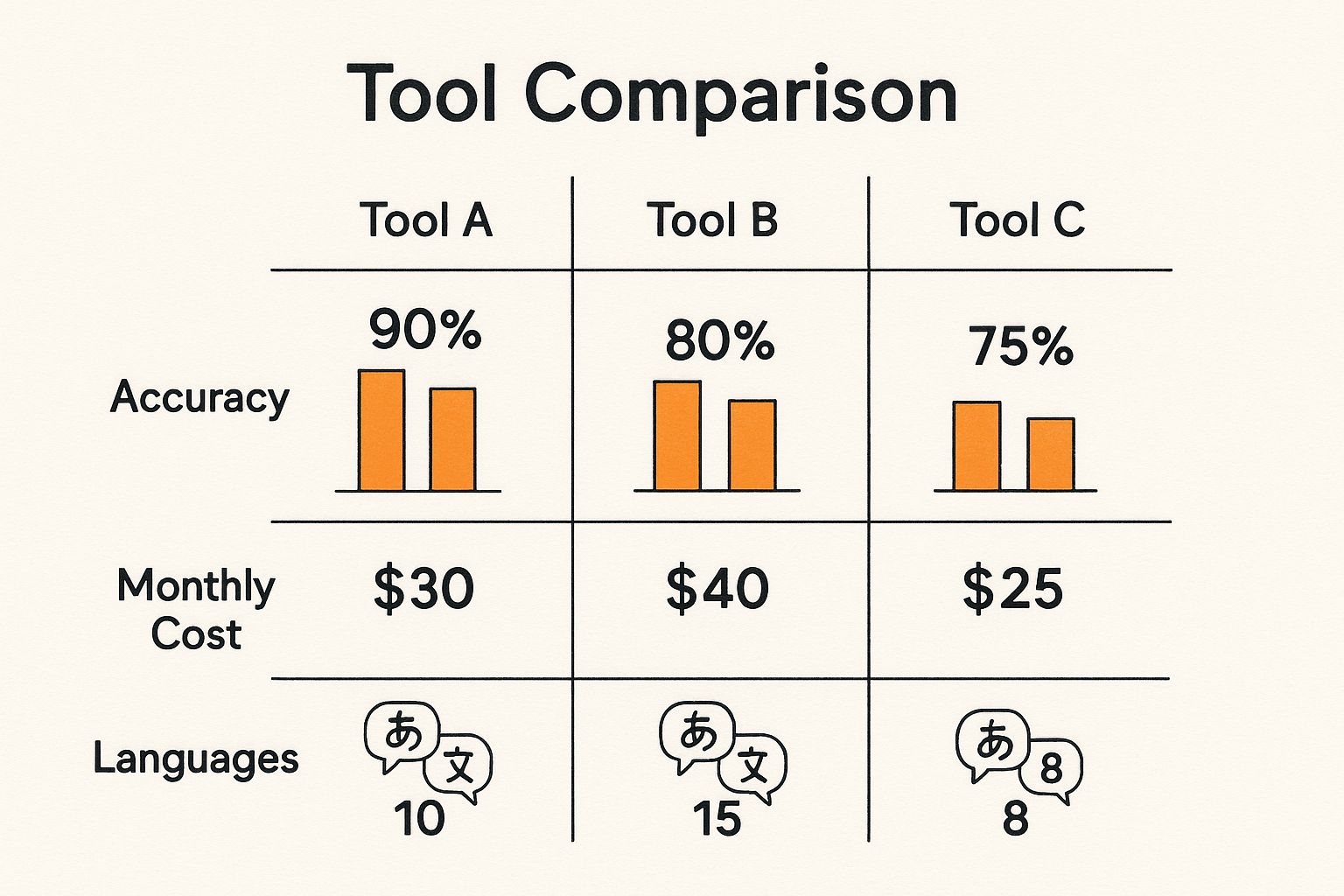 Infographic comparing best speech to text software on accuracy, cost, and language support.