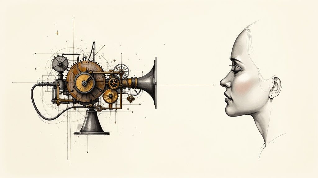 Old-fashioned speech synthesis machine with tubes and wires
