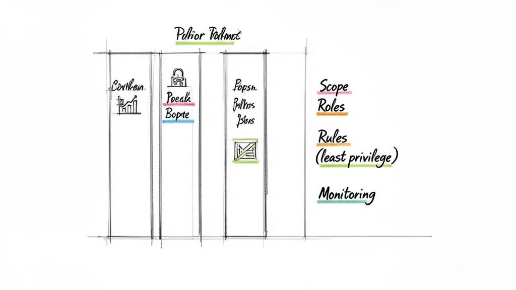 Hand-drawn diagram of a policy toolkit, outlining key components like scope, roles, rules, and monitoring.