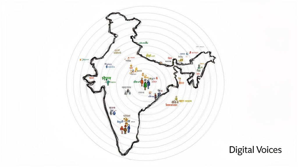Stylized map of India showing diverse communities, regional text, and concentric circles for 'Digital Voices'.