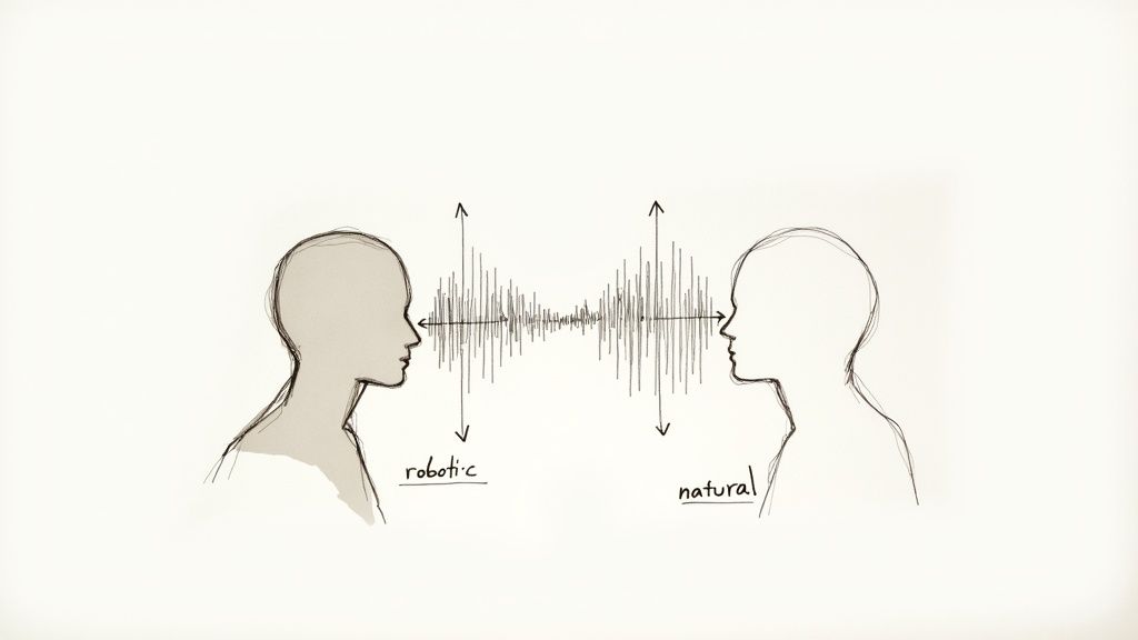 A sketch of two profiles, a 'robotic' on the left and 'natural' on the right, with a sound wave between them.