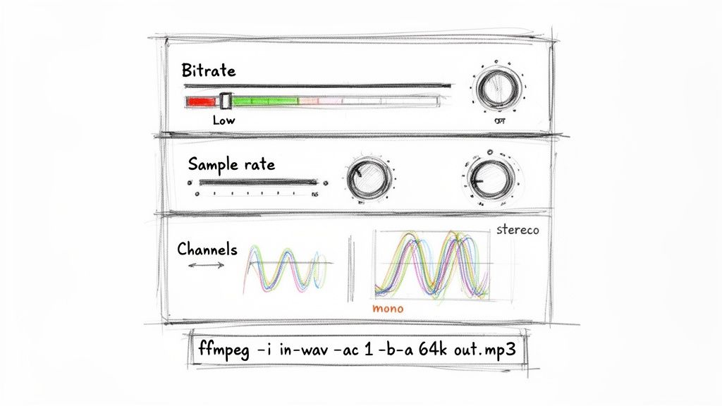 A hand-drawn sketch illustrating audio compression settings for bitrate, sample rate, and channels, including an FFmpeg command.