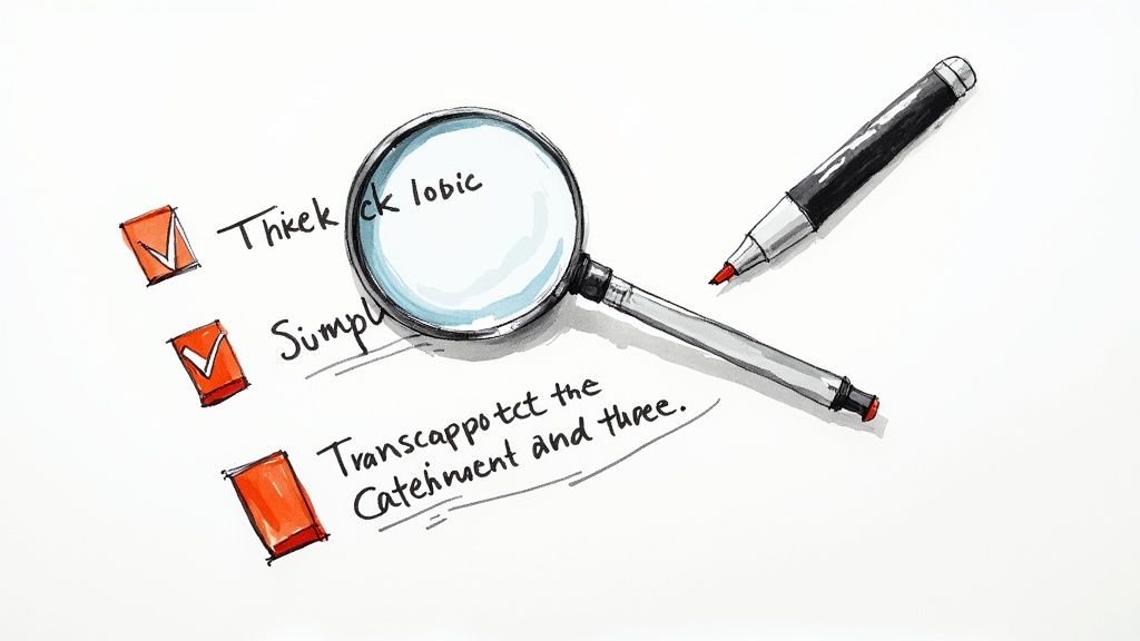 A person examining a checklist on a clipboard, symbolizing the evaluation process for transcription services.