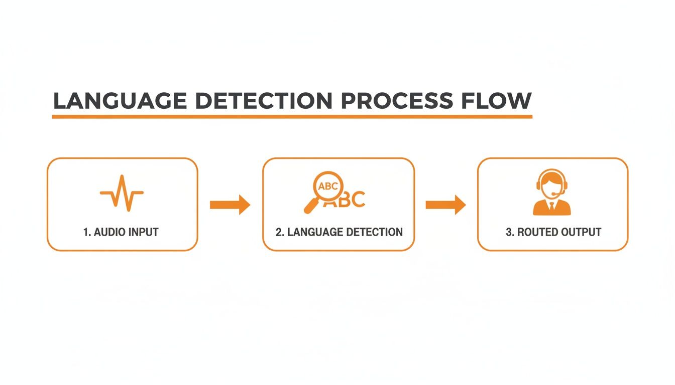 Flowchart showing the language detection process: audio input, language detection, and routed output.