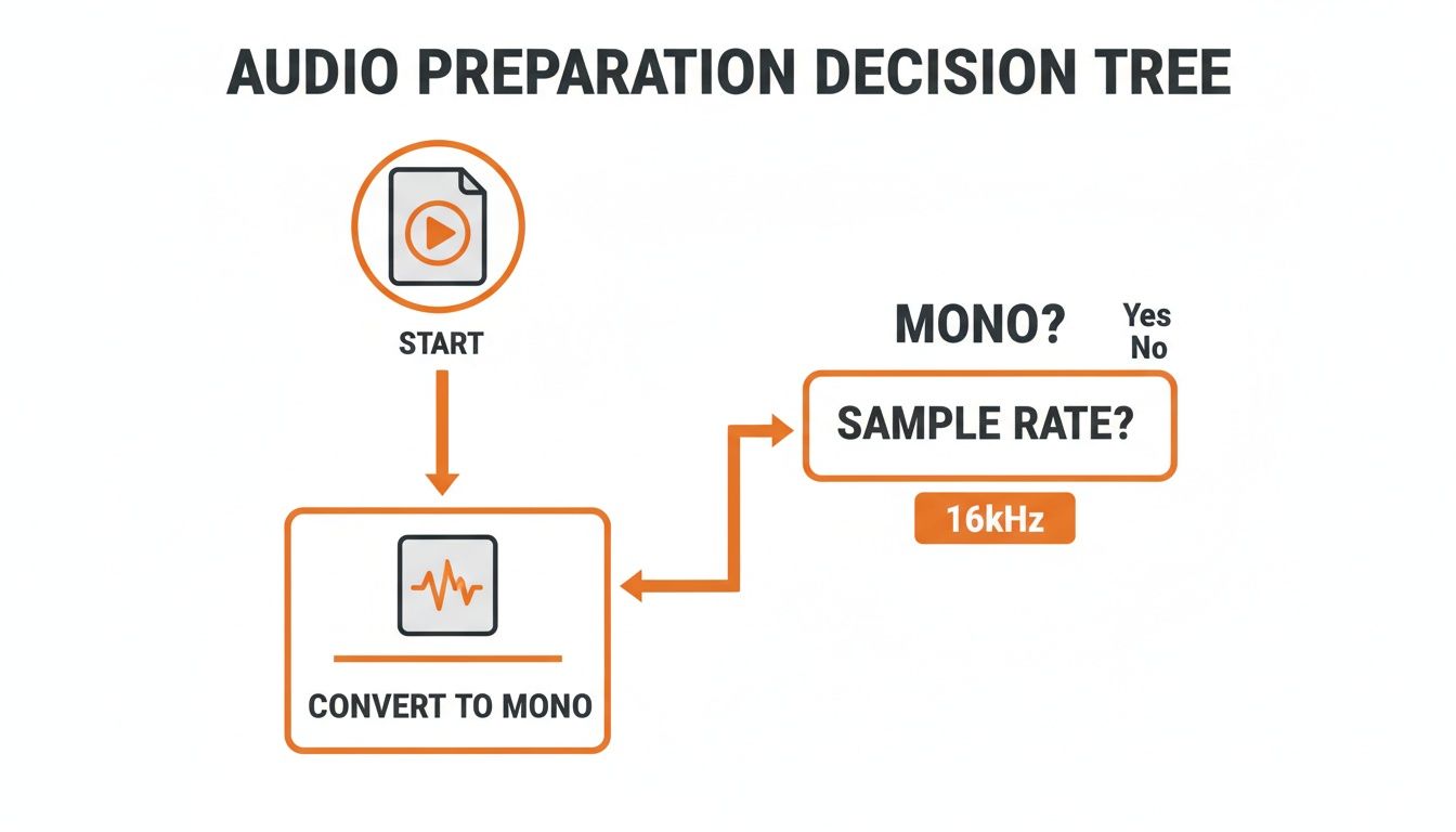 A decision tree flowchart for audio preparation, outlining steps to convert audio to mono and set a 16kHz sample rate.