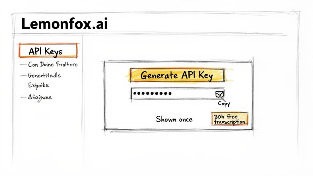 A hand-drawn sketch of the Lemonfox.ai website showing an API key generation interface with menu and options.
