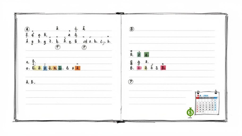 A two-page notebook spread with various handwritten characters, some highlighted, and simple symbols.