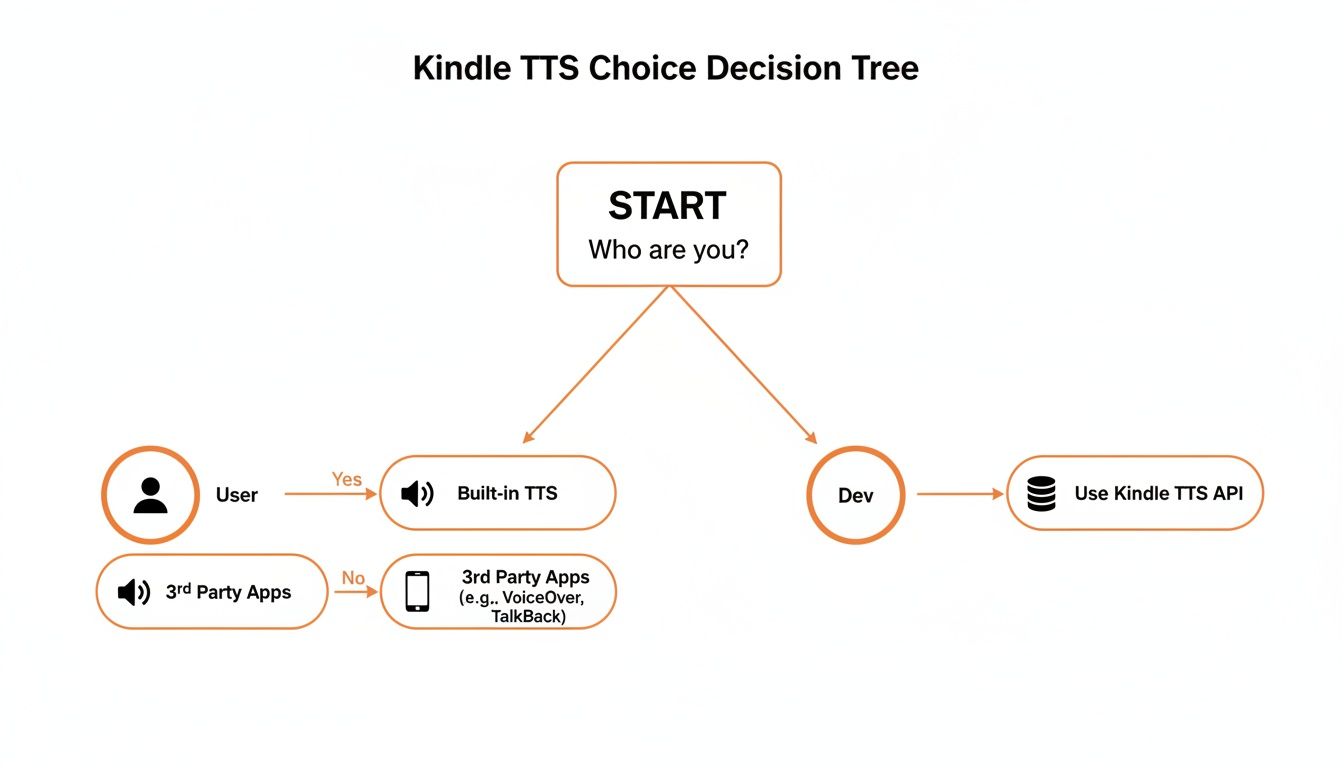 Decision tree illustrating Kindle Text-to-Speech options for users and developers.