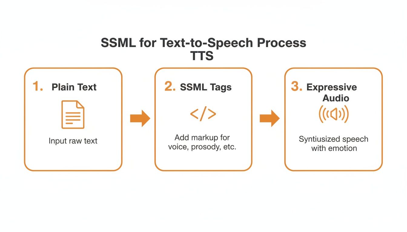 Diagram showing the SSML for Text-to-Speech process from plain text to expressive audio.