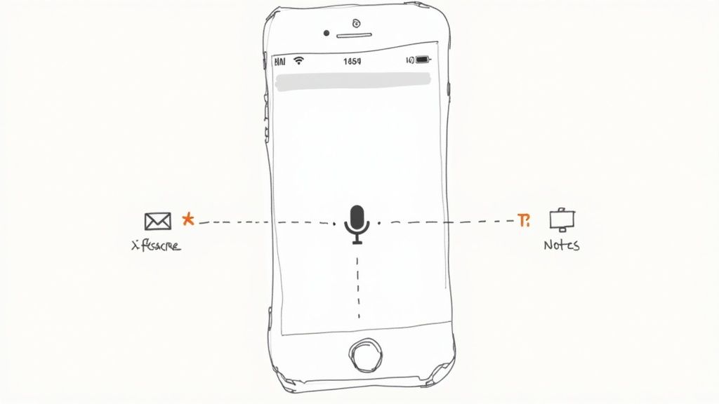 A person using voice to text on their iPhone while sitting at a desk with a laptop.