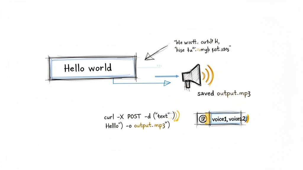 Diagram illustrating text-to-speech conversion, where 'Hello world' is processed into an MP3 file via a curl command.