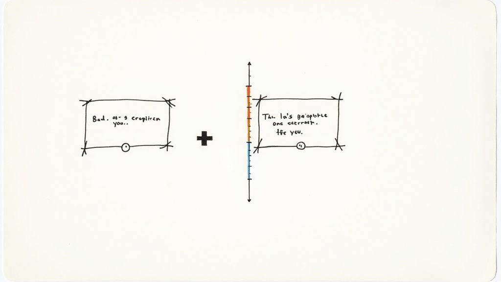 A hand-drawn diagram displays two text boxes, a plus sign, and a vertical colored scale.
