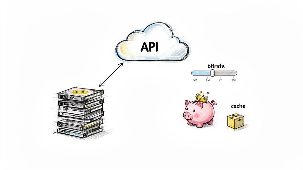 A diagram illustrating API interaction with data storage, bitrate control, and caching for data optimization.
