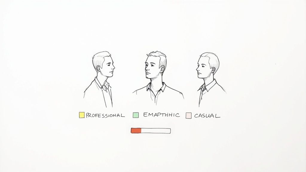 Line drawings of three men illustrating professional, empathic, and casual styles with a progress bar.
