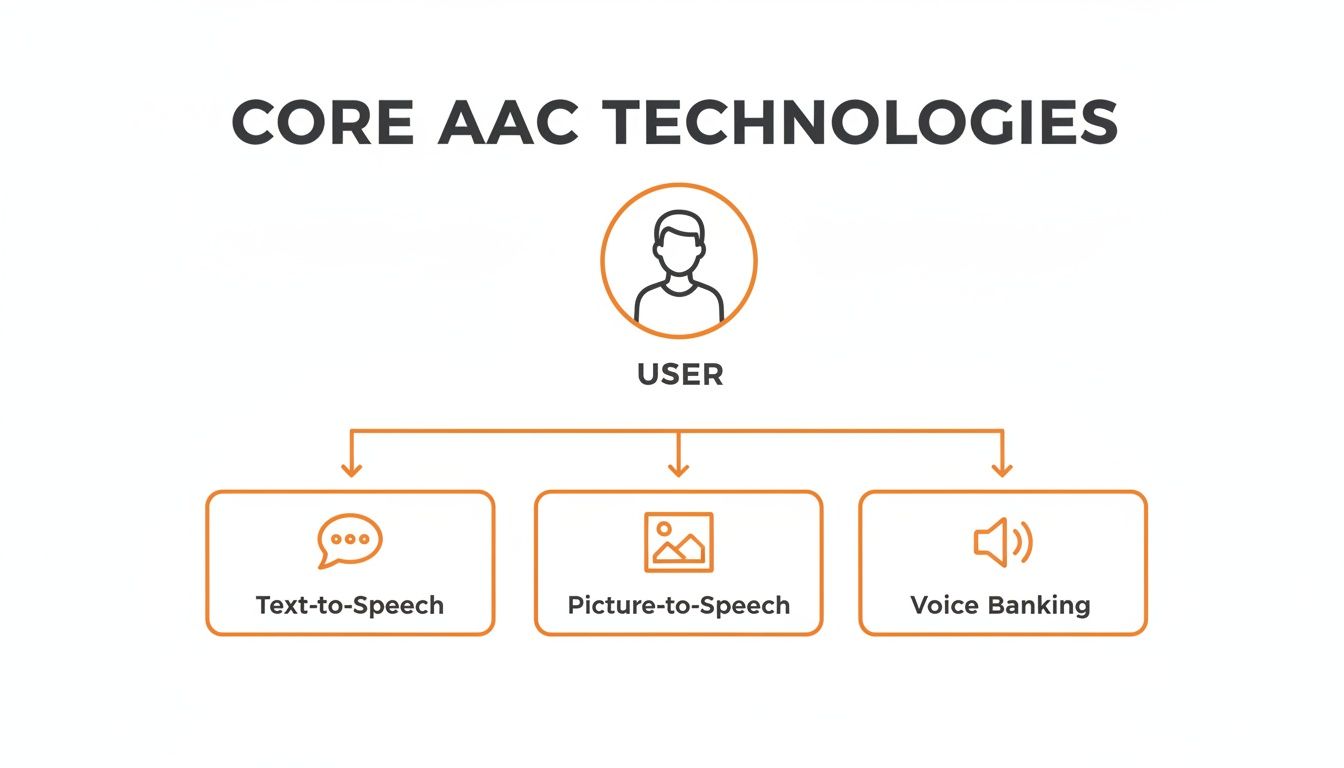 Diagram illustrating core AAC technologies: Text-to-Speech, Picture-to-Speech, and Voice Banking for a user.