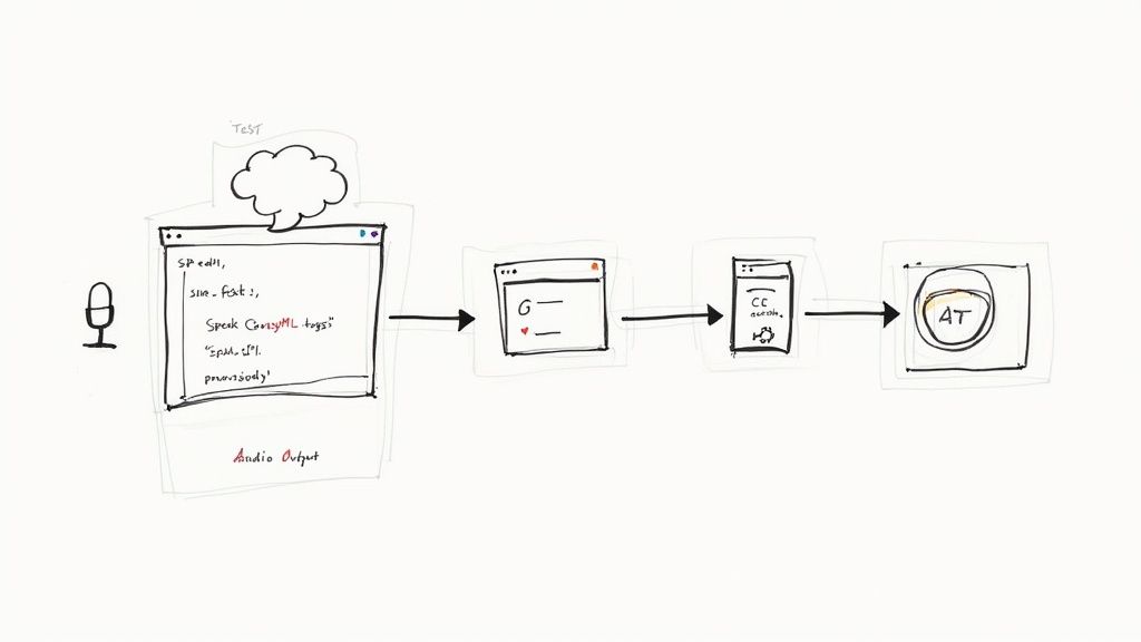 Diagram showing text-to-speech workflow from script input through processing to audio output with microphone icon