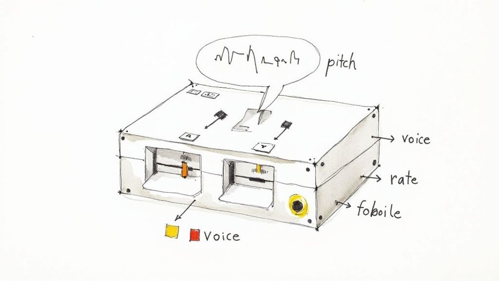 A sound engineer's mixing board, representing the fine-tuning of AI voice characteristics like pitch and speed.