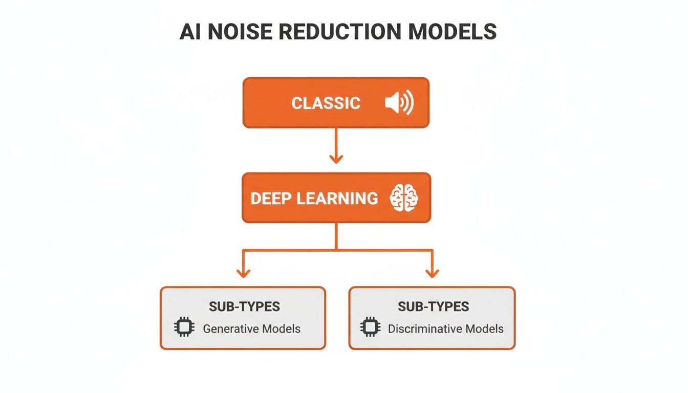 Flowchart detailing AI noise reduction models, categorizing them into classic and deep learning approaches.