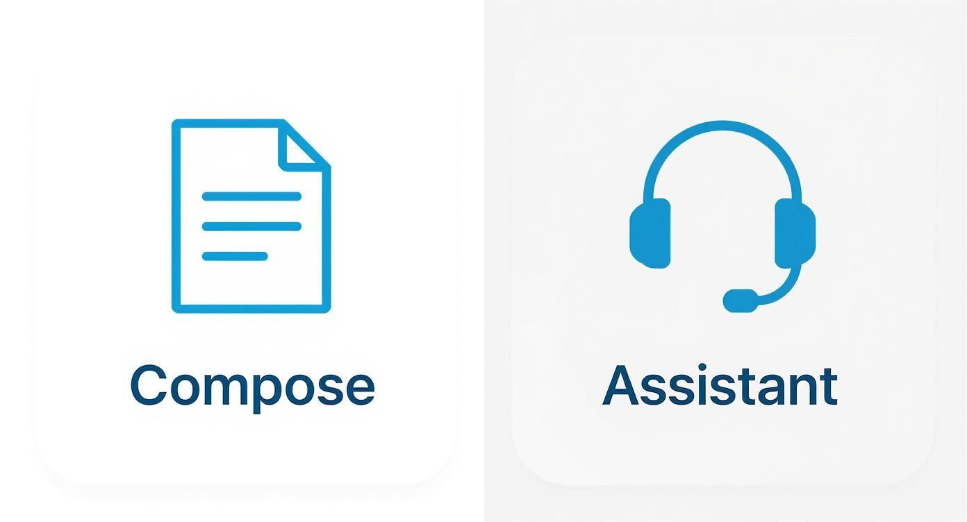 Two interface options showing Compose with document icon and Assistant with headset icon for Suki AI