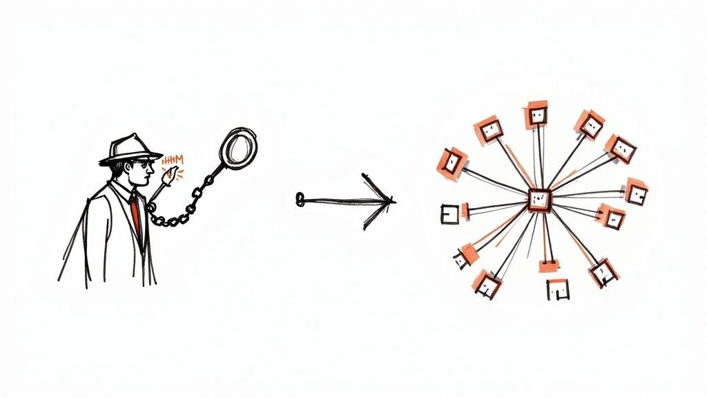 A man chained to a magnifying glass ponders, leading to a centralized network diagram.