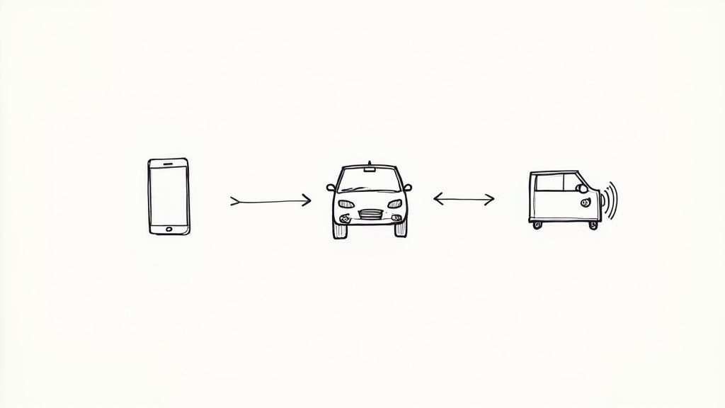 A person using voice commands on their smartphone in a modern city setting