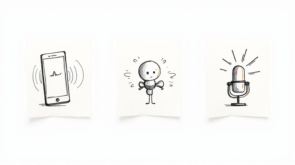 Hand-drawn icons for text-to-speech: a ringing phone, a character, and a radiating microphone.