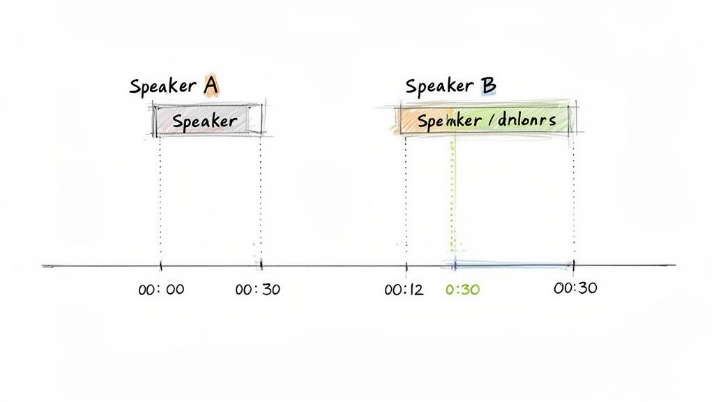 A visual timeline displaying the speaking durations and overlap for Speaker A and Speaker B.