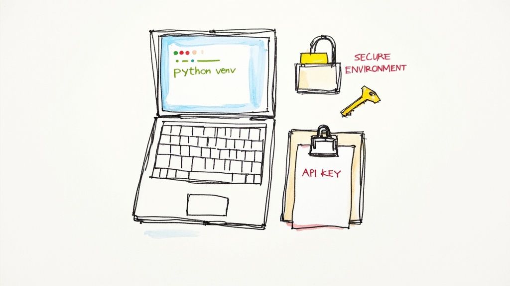 Illustration of a laptop with 'python venv', a secure environment padlock, a key, and a locked API key.