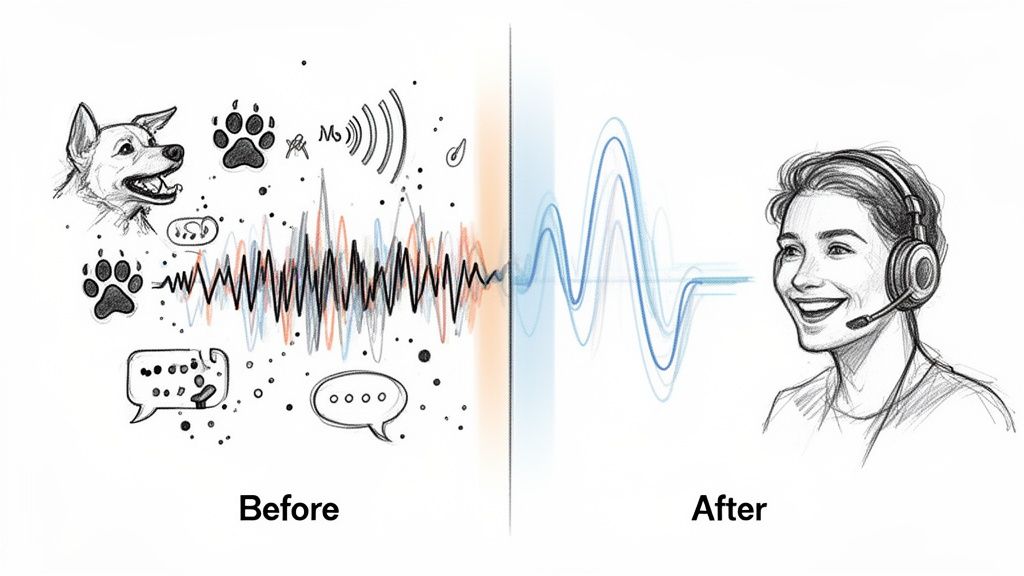 Noisy sound waves, dog barks, and speech bubbles transform into clear audio heard by a smiling person with a headset.