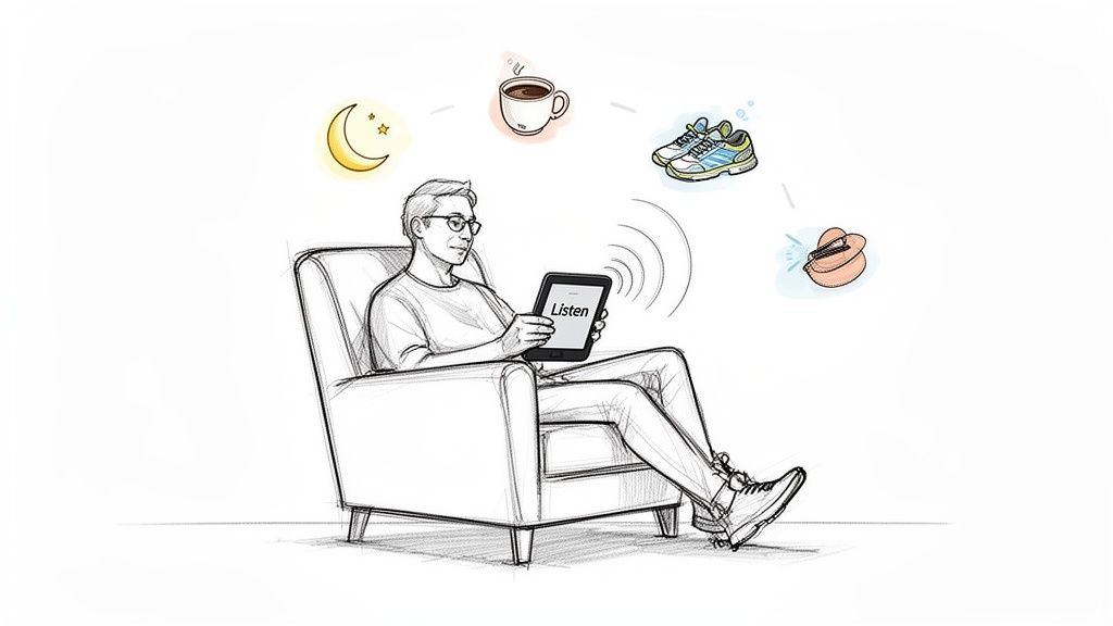A man relaxes in an armchair, listening to a tablet, with icons for sleep, coffee, running, and relaxation.