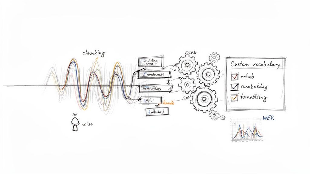 Workflow for speech recognition, including audio chunking, noise management, custom vocabulary, and WER.