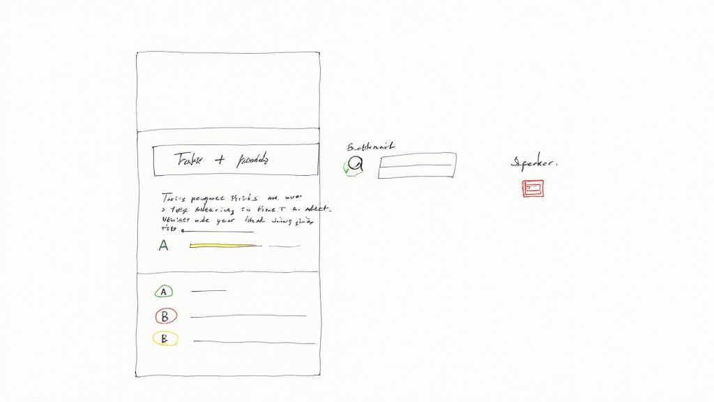 A handwritten sketch depicting a mobile app wireframe with text content and interactive UI elements.
