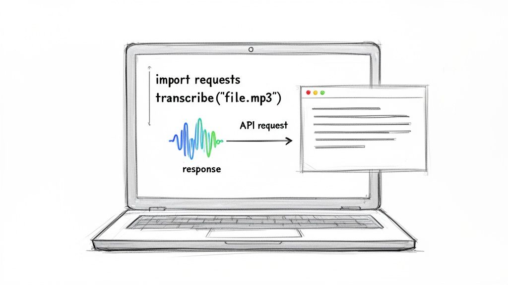 Illustration of an API request on a laptop to transcribe an MP3 file into text.